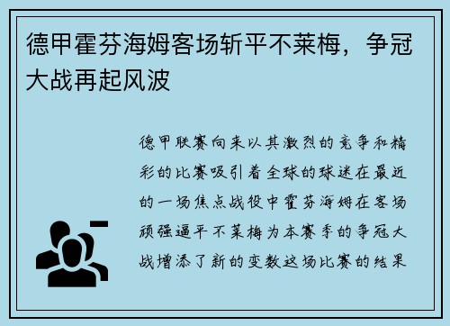 德甲霍芬海姆客场斩平不莱梅，争冠大战再起风波
