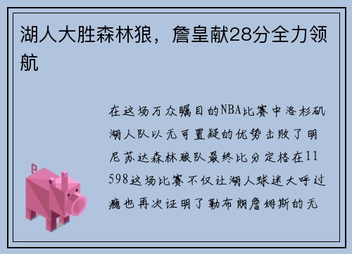 湖人大胜森林狼，詹皇献28分全力领航