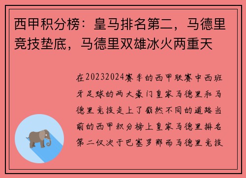 西甲积分榜：皇马排名第二，马德里竞技垫底，马德里双雄冰火两重天